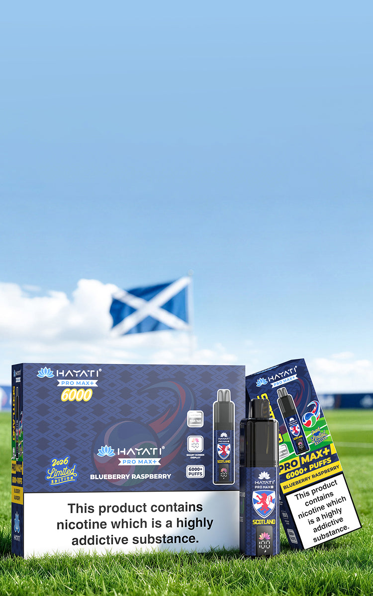 Hayati Pro Max Plus 6000 Scotland packaging with nicotine warning and limited edition World Cup design